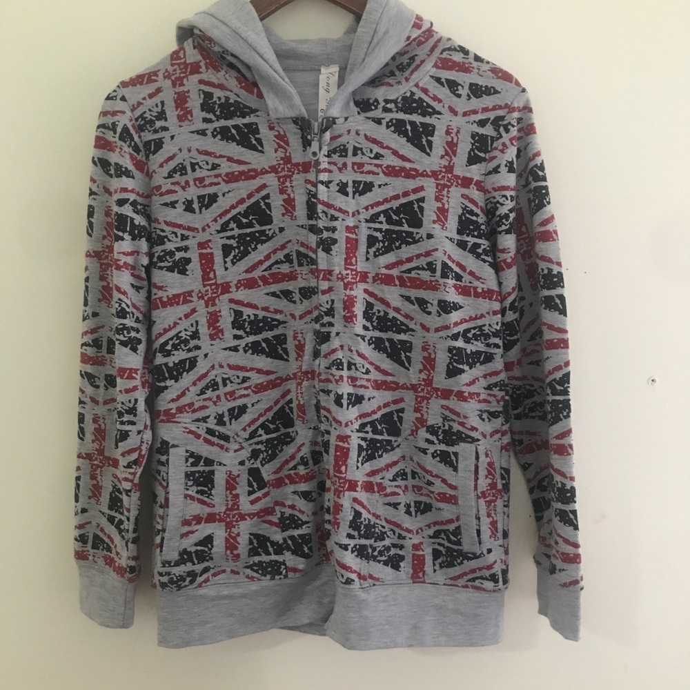 Red and black patterned zip up hoodie